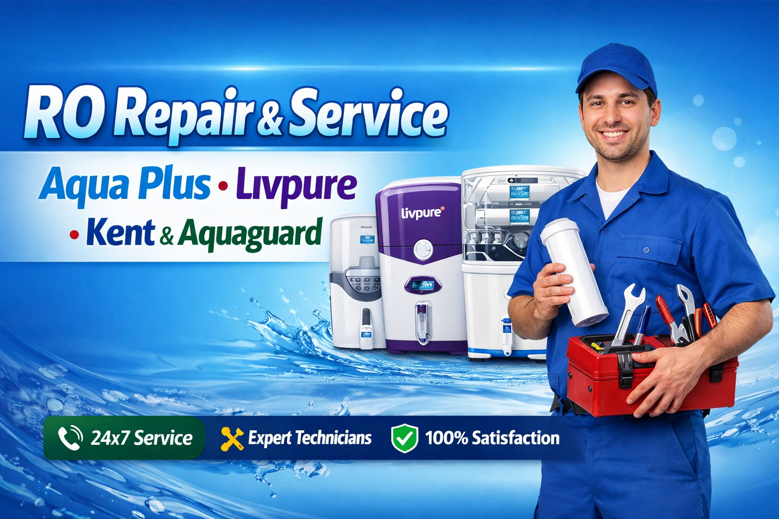 24×7 RO Service & Repair in Delhi NCR – Aqua Plus, Livpure, Kent & Aquaguard Experts